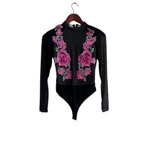 Latiste by Amy Small black mesh floral flower embroidered bodysuit long sleeve